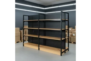 Light Duty Waterproof Corrosion Protected Supermarket Shelf Metal Rack With Wood Finish And Adjustable Back