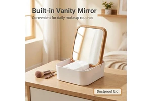 Natural Bamboo Makeup and Bathroom Drawers Organizer Box with Mirror and Lid for Office Home Cosmetic Stationery Storage