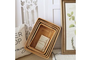 Household 4 Pcs Set Woven Rattan Storage Basket Cloth Bathroom Living Room Desktop Storage Basket Organizer