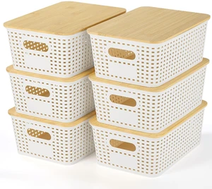 6 Pack Plastic Storage Bins with Bamboo Lids Stackable Small Box Baskets for Organizing for Shelves Drawers Desktop