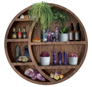 Modern Wall Mounted Wooden Floating 4-Tier Round Shelf for Flower Pots Stones/Crystals Decor Tool Storage