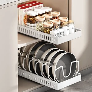 Pull Out Adjustable Pots Pans Organizer Rack Expandable Kitchen Cabinet Cookware Storage Holder With Removable Dividers
