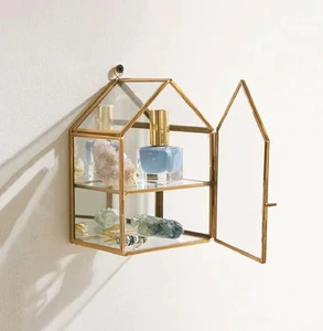 Hut Shape Wall Decorative Small Brass and Glass Hanging Shelves Display Box Customized Wall Mounted Storage Box