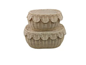 2026 OEM H&T Rattan Scallop Lid Storage Basket Gift Basket Hamper Bamboo Rattan Wicker Organizers Woven Storage Baskets