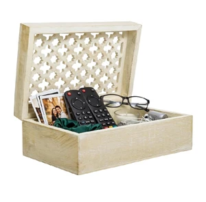 Wood Decorative Storage Box Hand-Carved Wooden Jewelry Box for Keepsakes Accessories & Home Decor Whitewash
