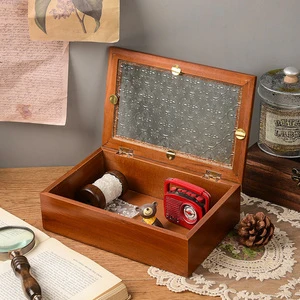 Home Decor Wooden Begonia Flower Glass Retro Storage Box Cosmetics Sundry Storage Box Nordic Style Desktop Storage Gift