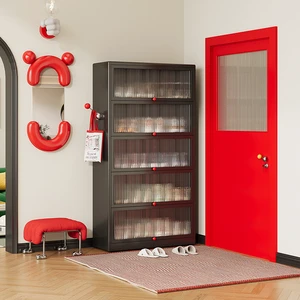 Black Metal Shoe Rack Cabinet With Door, Multi-layer High-capacity Shoe Rack For Large Families