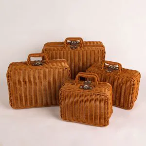 Cheap Kids Plastic Rattan Decorative Brown Small Wicker Picnic Baskets With Metal Lock Handles Rectangular Shape
