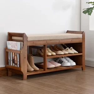 Natural Bamboo Modern Double Tier Multifunction High Precision Bolt Inserting Type Shoe Storage Rack Bench Cushion Seat