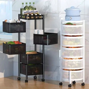 Kitchen Rotating Shelf Multi-tiers Basket Fruit Vegetable Storage Metal Rack with Wheels