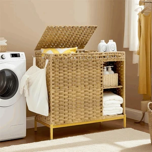 Factory Price Rattan Laundry Hamper Wicker Woven Laundry Sorter Basket with Storage Shelf