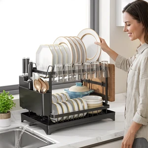 Large Capacity 2-Tier Black Dish Drying Rack For Kitchen Rack Countertop Drainer Tray Kitchen Dish Rack Storage Holders & Racks