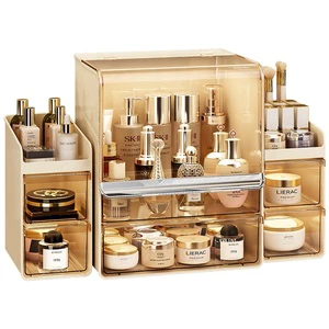Large Clear Glossy Modern PET Three-Layer Eco-Friendly Makeup Organizer Storage Box for Skincare Lipstick Bedroom & Bathroom Use