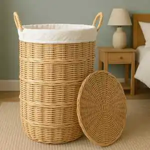 Stylish & Practical Handwoven Round Wicker Rattan Storage Baskets Handles for Home Organization Storage Shoes Clothing Laundry
