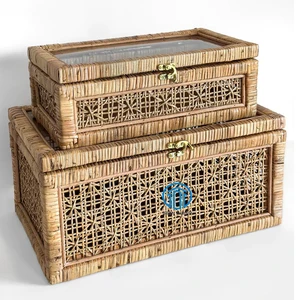 Modern Home Decorative Sustainable Design Versatile Cane Rattan Storage Box with Glass