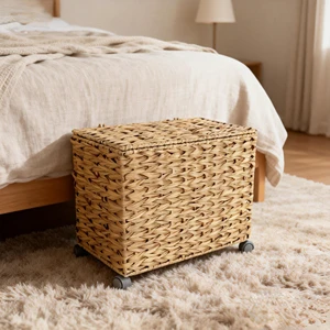 Wholesale Multifunctional Handwoven Rattan Woven Wicker Baskets Sustainable Iron Plastic PE Storage Wheels Household Objects