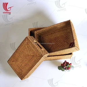 Viettime Craft Rattan Wicker Storage Baskets with Handle Natural Color Eco-Friendly & Washable Custom Size