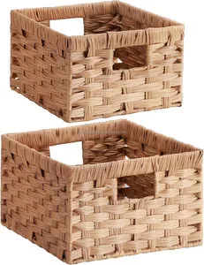 JY Handwoven PP Wicker Storage Basket Waterproof Rattan Basket With Built-in Handles Rectangle Baskets