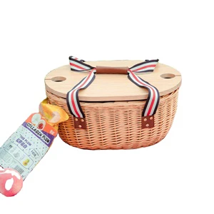 Custom Eco-Friendly Rattan Bamboo Picnic Basket Set Wood Lid Wicker Material Multifunction Design Customizable Size Rectangular