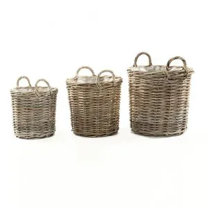 Rattan Wicker Laundry Basket Tong with Plastic Lining Inside Grey Rattan Kubu Grey in Round Shape From Indonesia