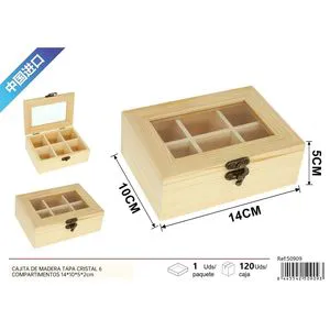 Home Decorative Storage Box with Glass Lid 6 Compartments 14x10x5 cm Wooden Box
