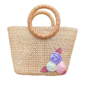 Top Seller TUYET DUNG Classic Flower Water Hyacinth Bamboo Rattan Storage Wicker Bag Light Brown Vietnam Holiday Woven Basket