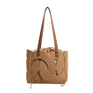 Handmade Braided Cotton Rope Round Tote Handbag Bohemian Solid Color Summer Vacation Travel Beach Shoulder Bag