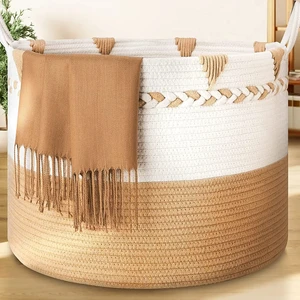 HUAYI Blanket Basket Living Room, Extra Large Storage Basket Woven Cotton Rope Laundry Hamper