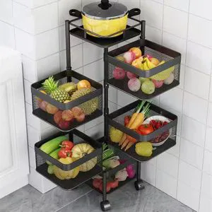 Thickened Rotatable Metal Kitchen Storage Rack; Household Fruit Vegetable Snack Organizer; Freestanding Mobile Foldable