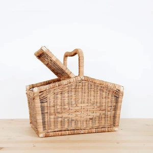 Bohemian Style Eco-Friendly Rattan Woven Rectangular Picnic Basket with Multifunction Design