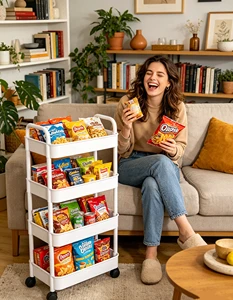 Storage Rack, Freestanding Wheeled Utility Cart, Mobile Food & Snack Shelf For Household Toilet Living Area