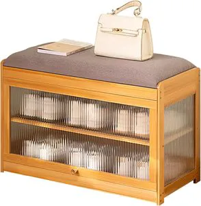 Modern Bamboo Shoe Storage Bench with Cushion 2-Tier Shoe Rack with Detachable Dividers Space-Saving Large Capacity Carbon Steel