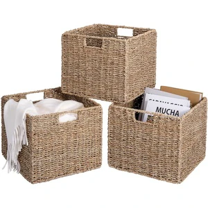 Natural Seagrass Hand-woven Decorative Foldable Cube Storage Baskets 30x30x26CM for Home Organization