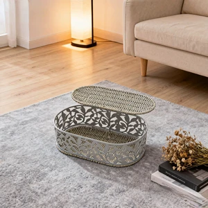 Eco-Friendly Home Decorative Handwoven Metal Storage Basket Colorful Oval Pattern Rattan Basket Multifunctional