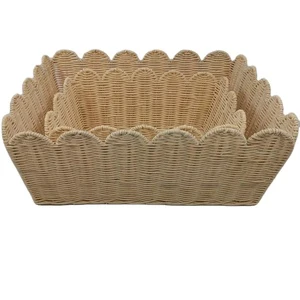 Hand Woven Rectangle Wavy Edge Paper Rope Straw Bamboo Fruit Rattan Picnic Storage Baskets Set For Desktop Kitchen Bedroom