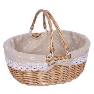 Natural Wicker Picnic Basket with active Handles and Lining fabric Multi-Purpose Rattan Storage Bin travel functional products