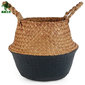 Boho Handmade Natural Belly Straw Seagrass Woven Wicker Storage Laundry Baskets For Indoor Outdoor Home Garden Decoration