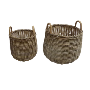 Set of 2 Classic Round FSC Gray Rattan Storage Baskets for Outdoor Furniture Courtyard Living Room Hotel or Warehouse Use