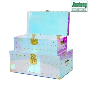 Luxury Set of 2 Iridescent Acrylic Storage Trunks with Gold Lock and Studs for Home Decoration Gift Packaging Gift Collection