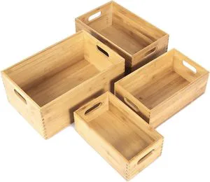Set 4 Nesting Wooden Crates Bamboo Handles Handmade Natural Square Bins For Storage Organization Shelf Large Office Organizers