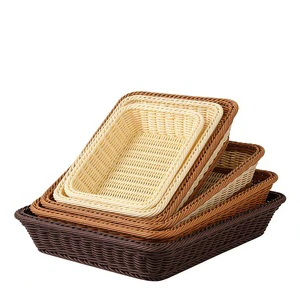 Rectangular Plastic Wicker Rattan Woven Breadfruit Basket Rattan-Like Storage Organizer