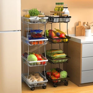 Cross-border KD Style Four-tier Metal Fruit Vegetable Basket Storage Rack Floor-standing Movable Pulley Belt Kitchen Mobile Cart