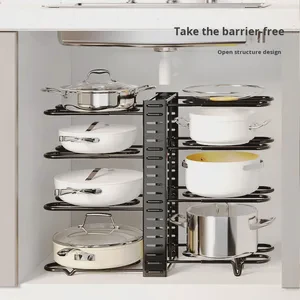Best-selling 5-layer Foldable Metal Rectangular Standing Type Pot Rack Multifunctional Kitchen Storage Rack Movable Cabinet