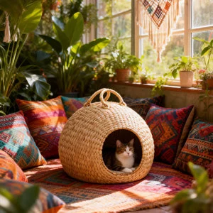 Washable Removable Cover Boho Water Hyacinth Cat House Portable Wicker Basket Hand Wash For Cats & Small Dogs