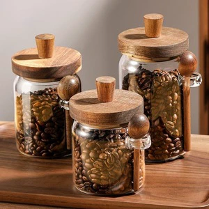 Acacia Wood Lid Glass Sealed Coffee Bean Storage Jar With Storage Box For Powdered Coffee Tea Candy Spoon Storage