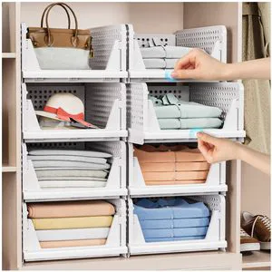 Stackable Closet Organizer Box Plastic Storage Basket Foldable Closet Storage Basket For Wardrobe