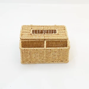 Nordic Eco Friendly Handwoven Yellow Rectangle Tissue Box Plastic Woven Rattan Storage Basket Lid Desktop Living Room