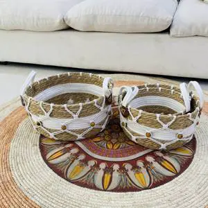 Eco-Friendly European Style Handwoven Rush Grass Basket Multi-Style Outdoor Storage with Cotton Rope Accents Bamboo Material