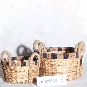 Handwoven Rustic Water Hyacinth Baskets with Built-In Handle Easy-to-Carry Storage Solution for Shelves and Pantry