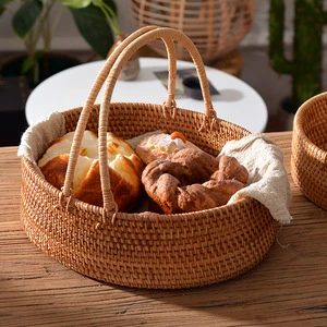 Summer Rattan Timber Party Collapsable Handle Vegetable Fruit Storage Picnic Basket Cane Basket Round With Handle